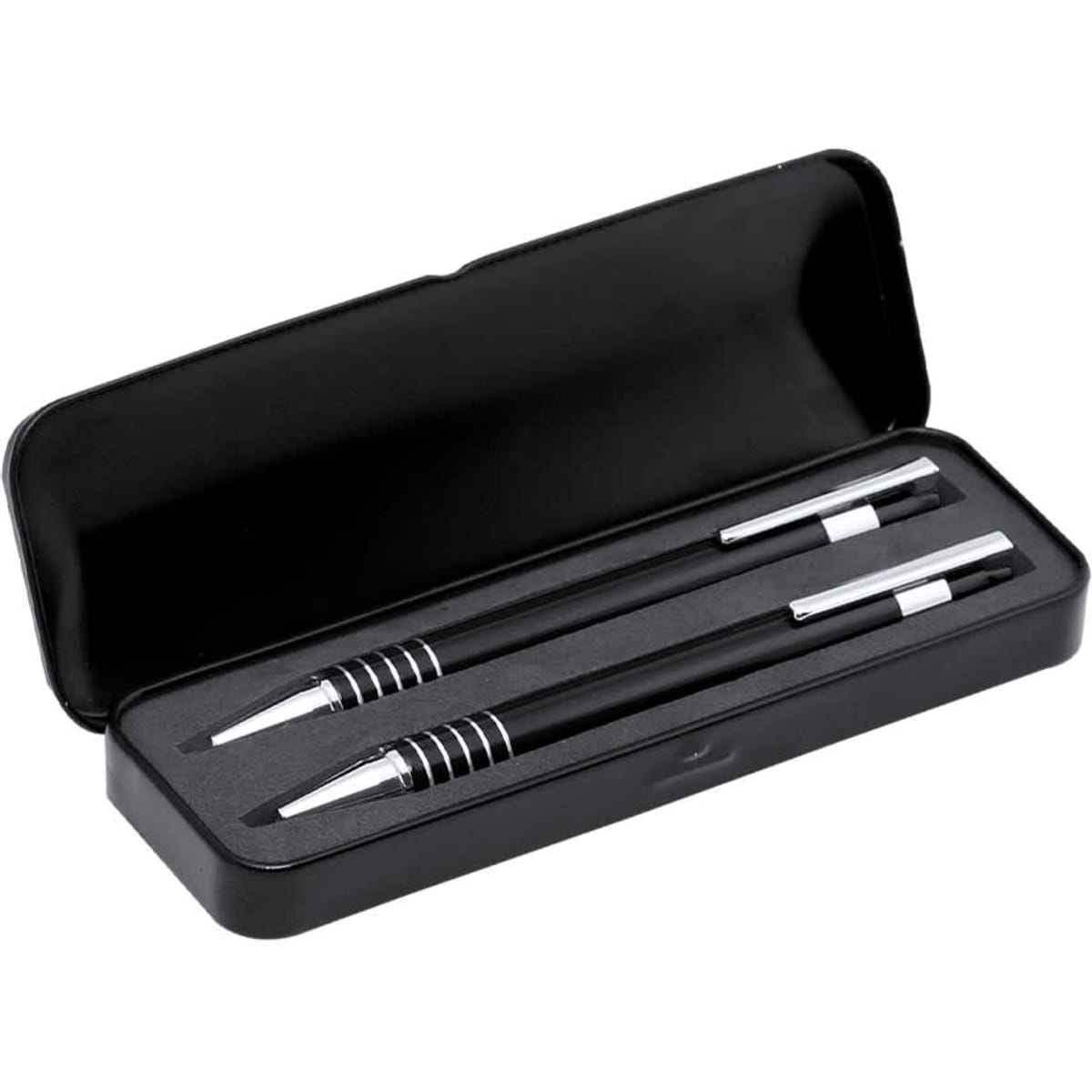 A black gift box containing two black metal pens with silver accents. The box has a sleek design.