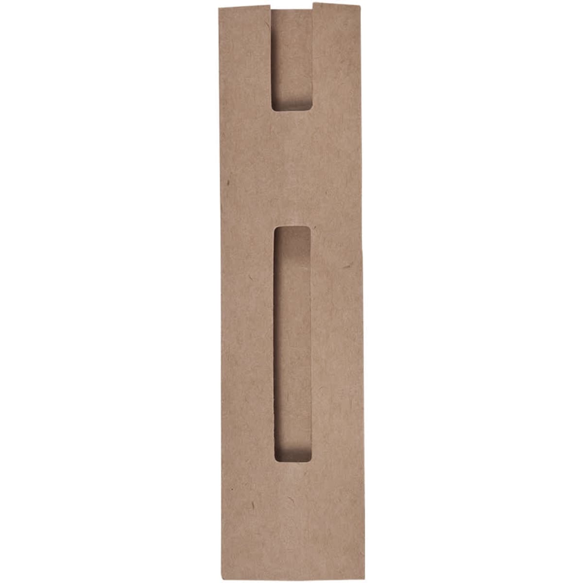 A brown cardboard pouch with a cut-out handle, designed for pen packaging. It features a simple, minimalist design.