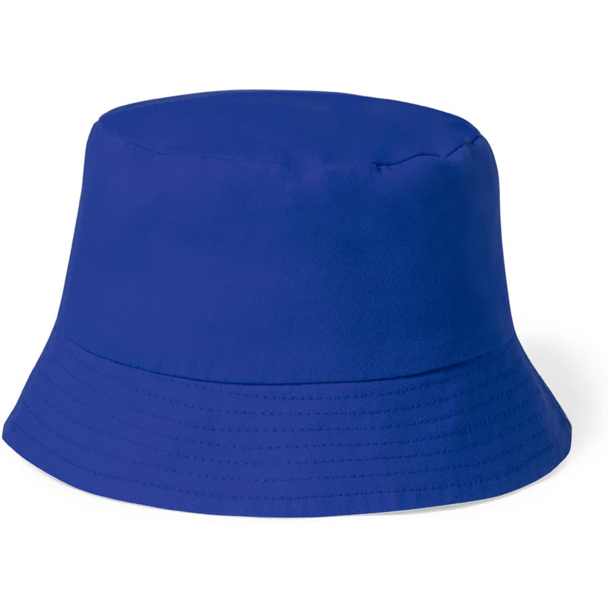 A blue bucket hat with a simple design and a logo on the side. Suitable for casual wear.