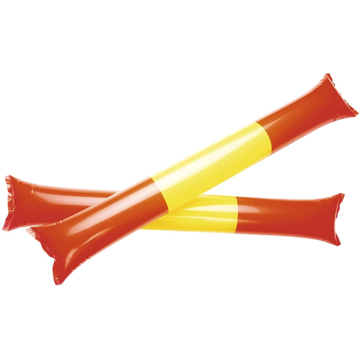 Two inflatable pom poms in bright orange and yellow, featuring a segmented design. Includes a logo on one side.