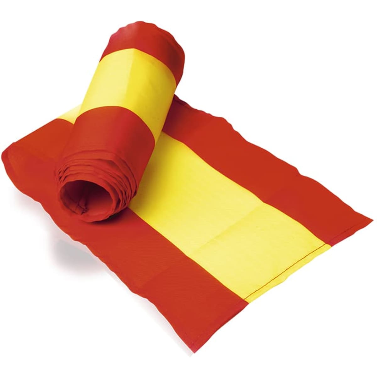 A rolled scarf featuring horizontal stripes of red and yellow, showcasing a smooth fabric finish.