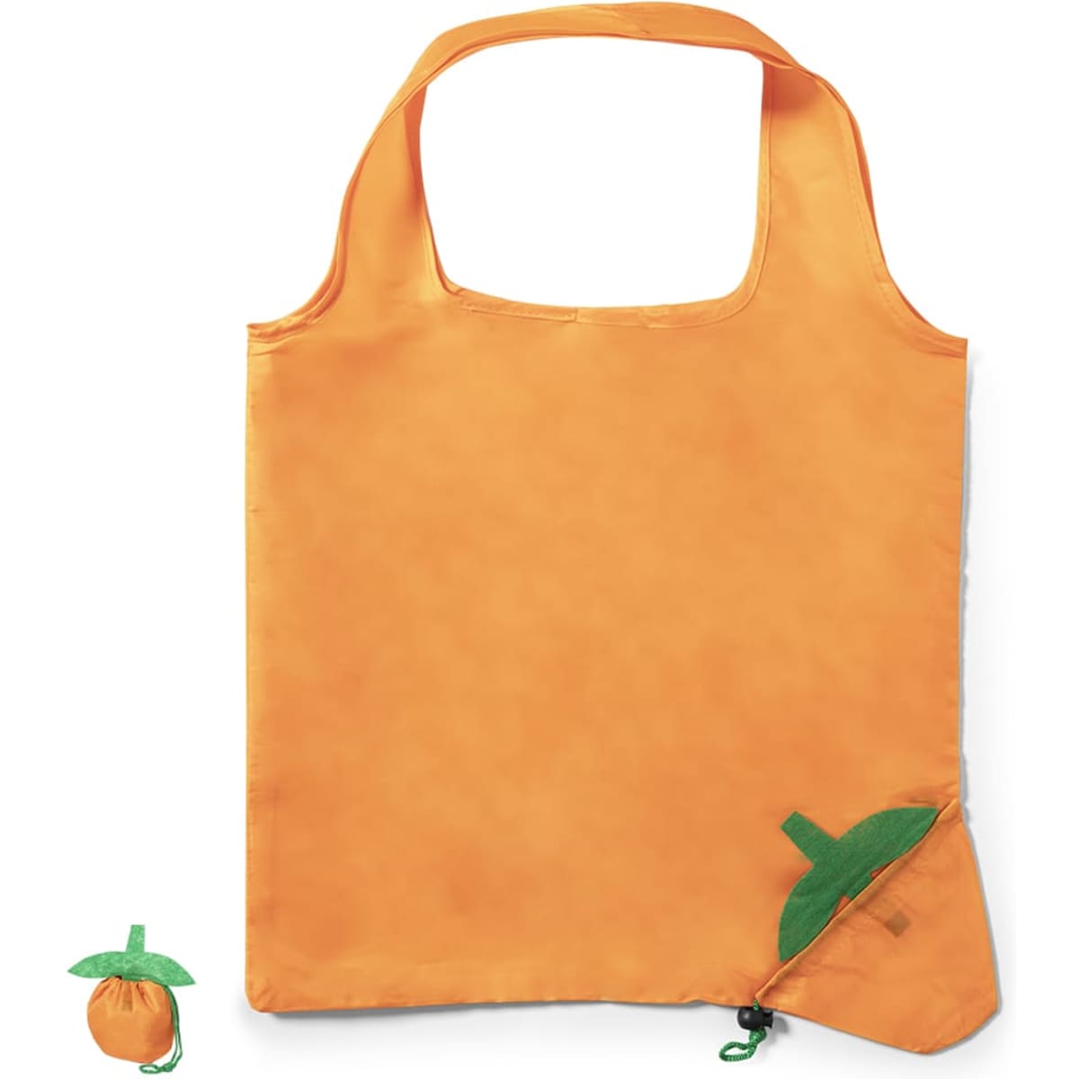 An orange foldable bag with a green accent, featuring a small pouch for storage. It has a logo on the bag.