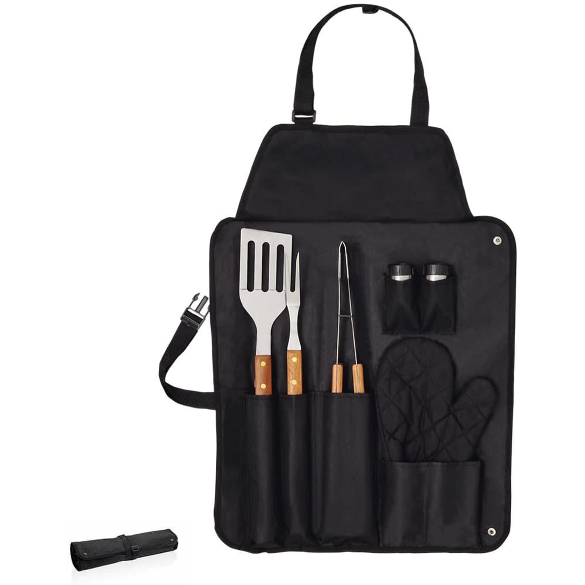 A black barbecue apron set with wooden-handled utensils, including a spatula, tongs, and seasoning shakers.