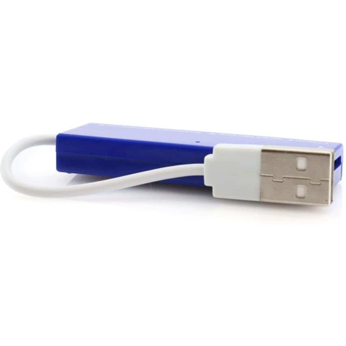 A blue card reader with a white USB connector, designed for transferring data between devices.
