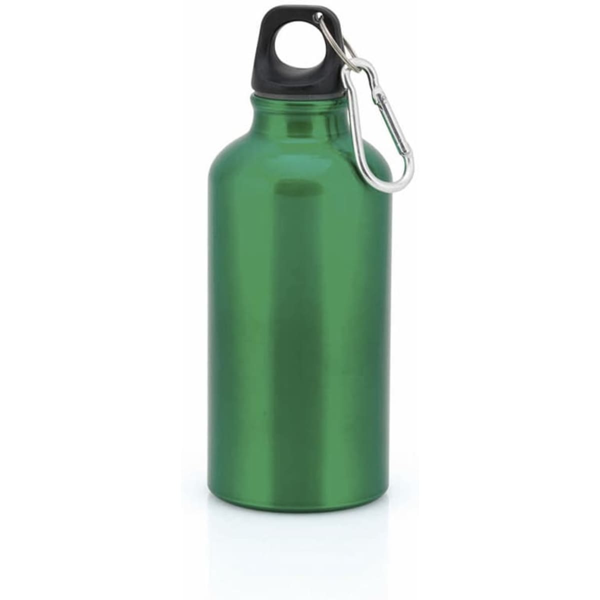 A green drink bottle with a metal finish and a black cap, featuring a carabiner attachment.