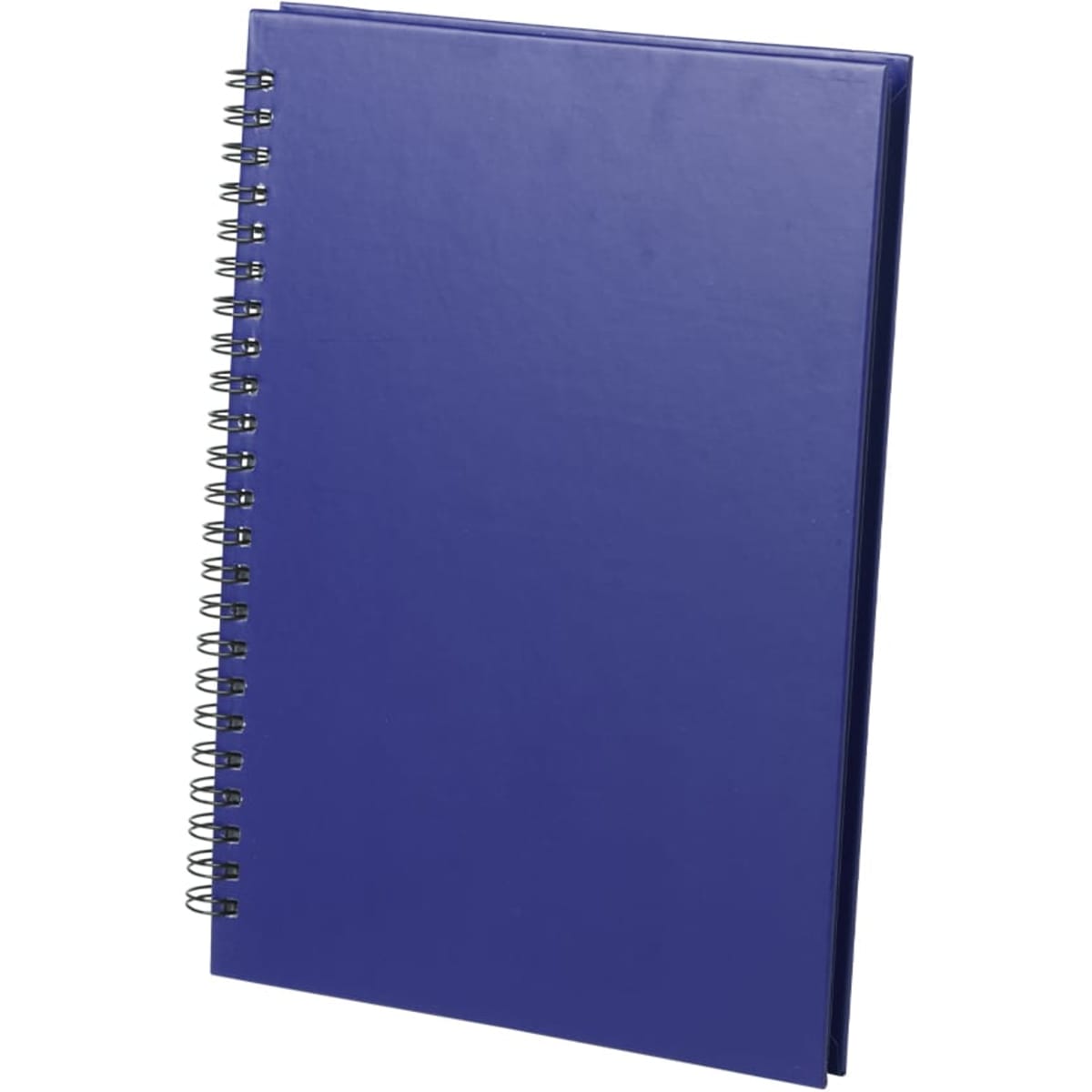 A purple spiral-bound notebook with a smooth cover and silver wire binding. It has a plain design and includes a logo.