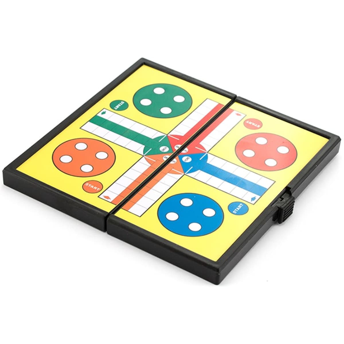 A square board game featuring vibrant yellow, blue, red, and green sections with circular spots and a foldable design.