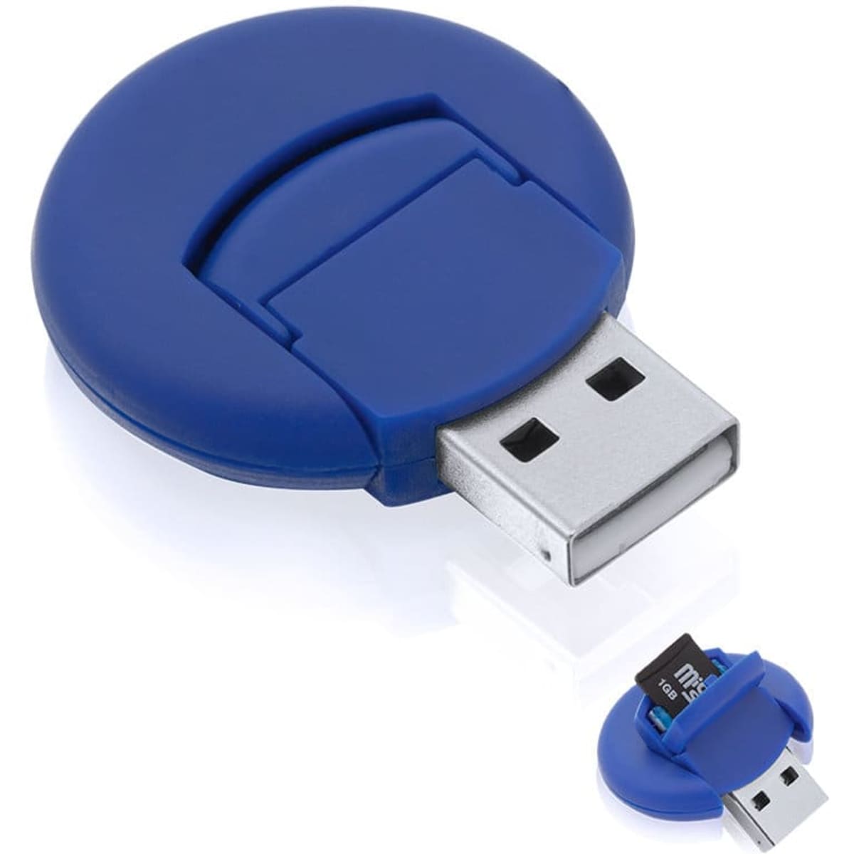 A blue Apek Card Reader with a circular design and a USB connector. It features a compact, portable shape.