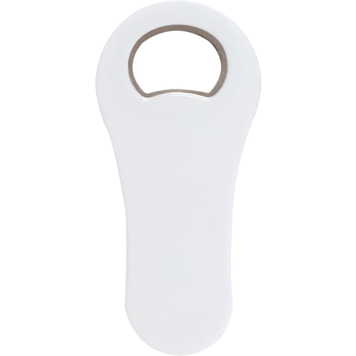 A drink bottle opener in white with a metal opening mechanism and a logo on the surface.