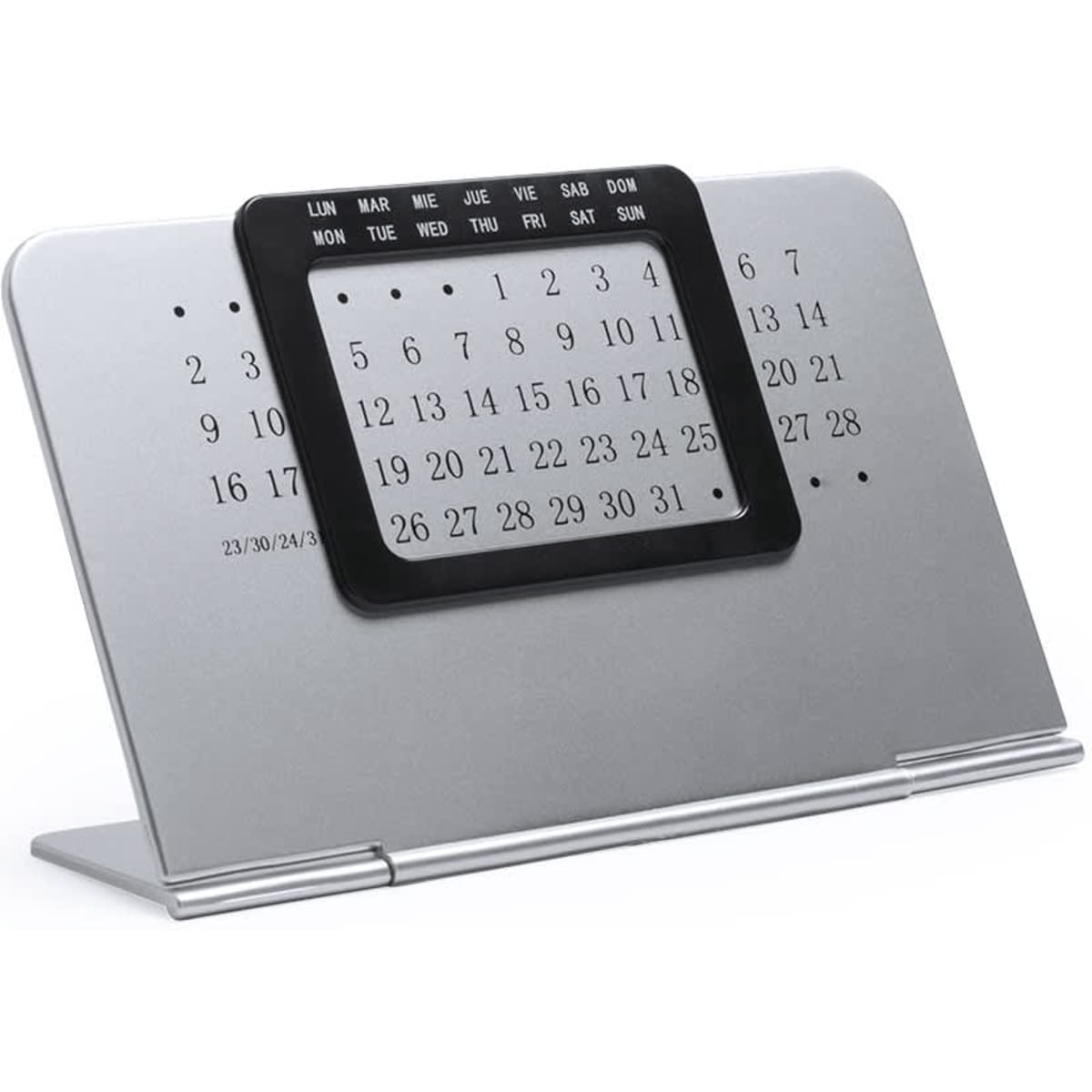 A silver perpetual calendar with black accents, displaying days and dates, designed for desk use.