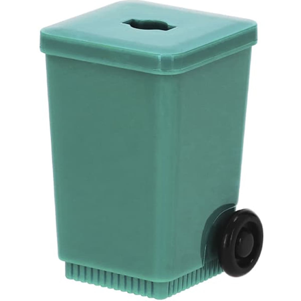 A teal rubbish bin with a lid and a wheel for easy mobility. The bin has a slot for waste disposal.