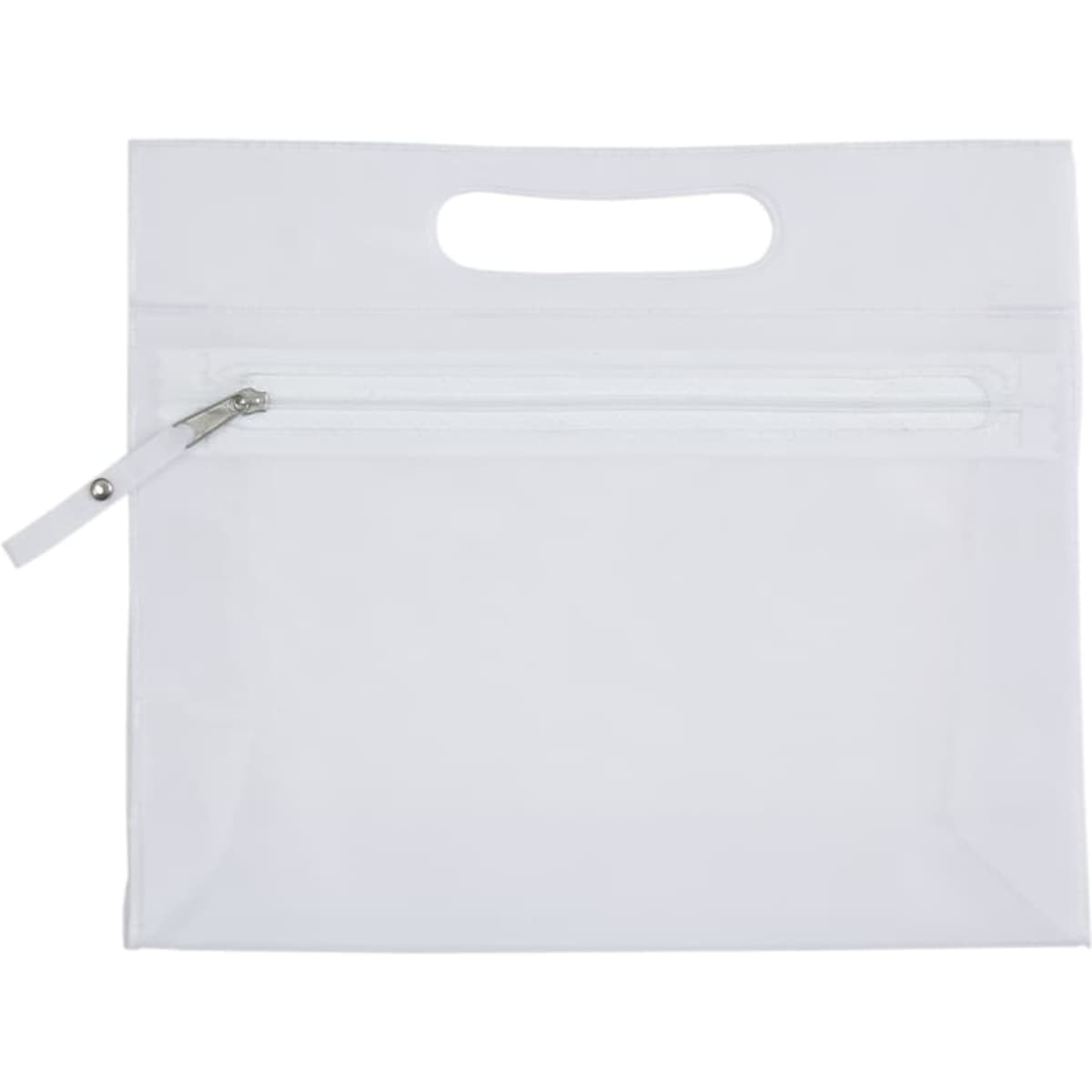 A white toiletry bag featuring a transparent front and a zippered pocket. It has a handle for easy carrying.