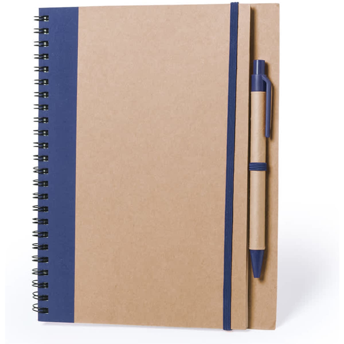 A brown notebook with a blue spine and matching pen attached, featuring a spiral binding.