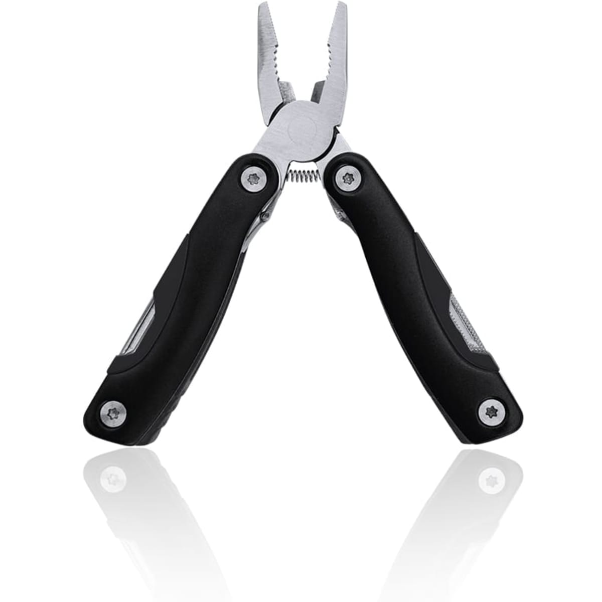 A multi-tool featuring pliers with black rubber grips and metal components, showcasing a sleek and compact design.