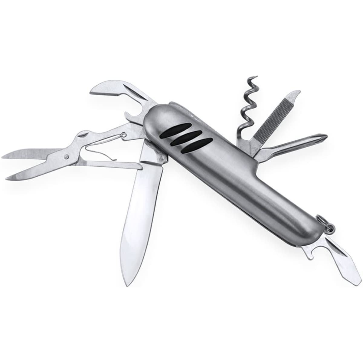 A multi-tool in silver featuring various attachments including scissors, blades, and a corkscrew. It has a logo on it.