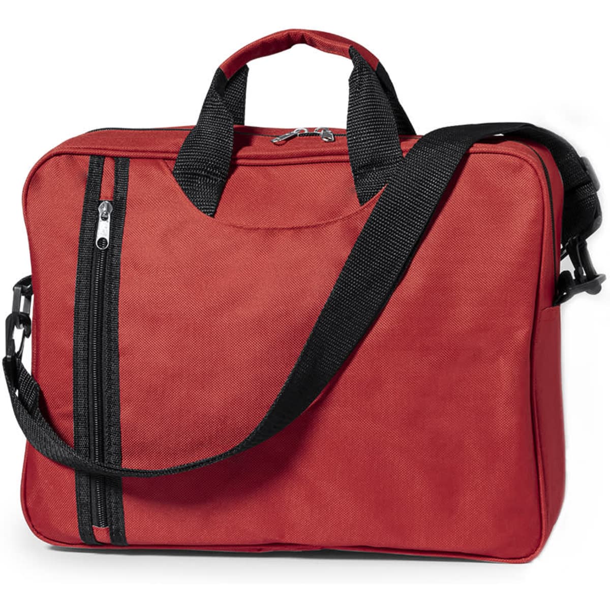 A red bag with black accents, featuring dual handles and a removable shoulder strap. It has a zippered main compartment.