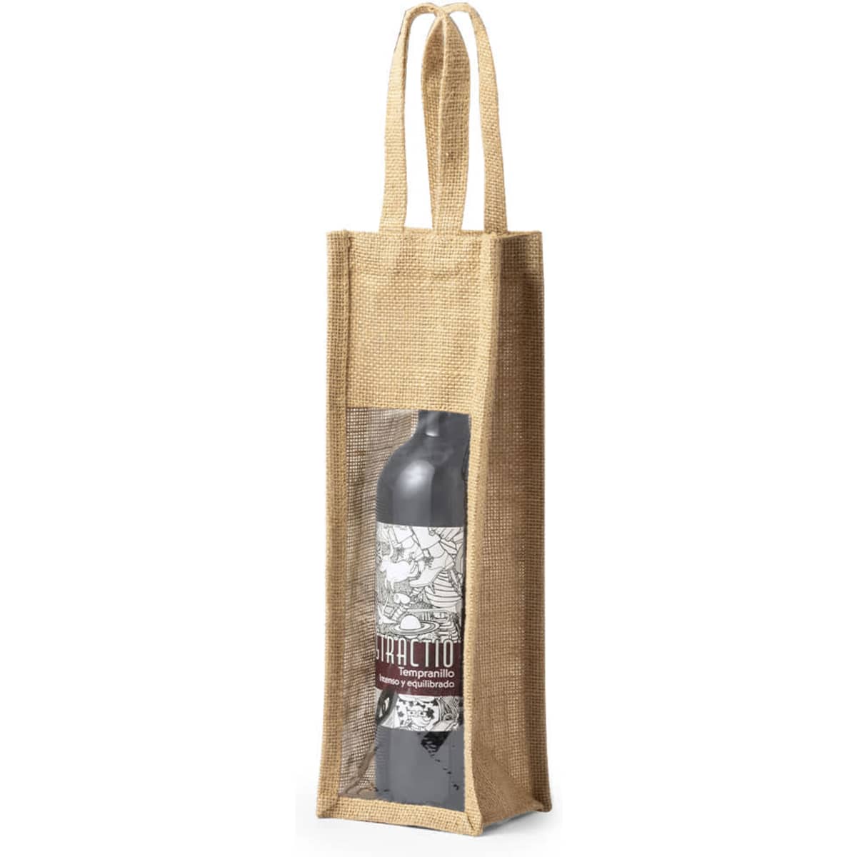 A natural jute bag with a transparent window, designed to hold a drink bottle, featuring two handles.