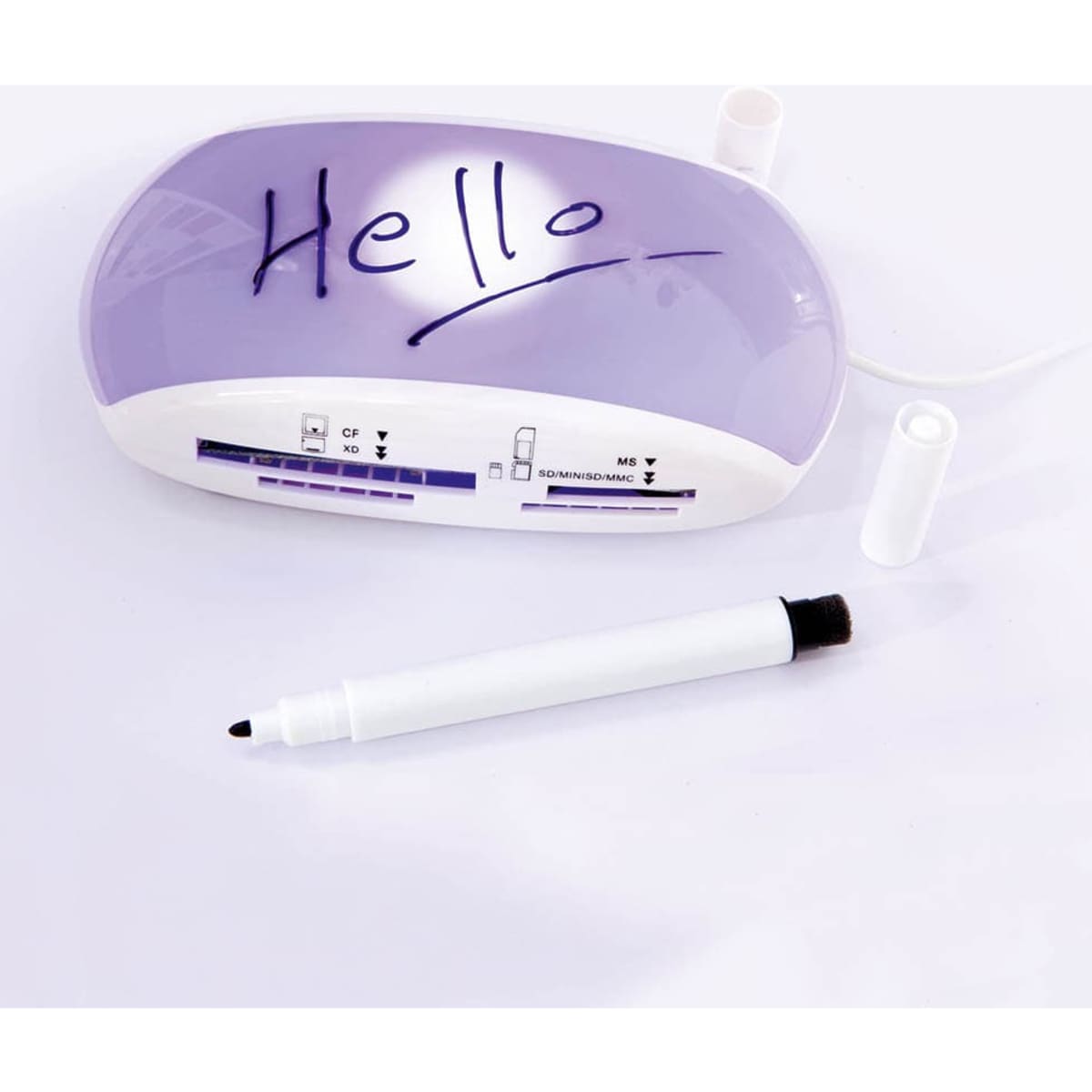 A purple electronic device with a writing surface, accompanied by a black marker pen. The device has a branding logo.