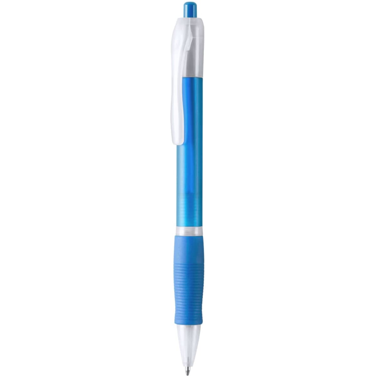 A blue and white plastic pen with a grip and a clip, featuring a logo on the barrel.
