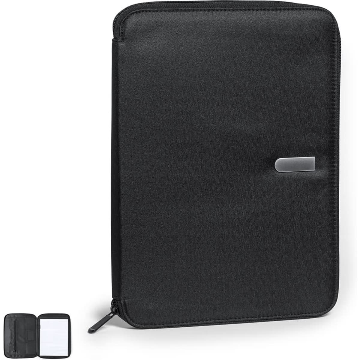 A black index folder with a zip closure, featuring a smooth exterior and a small logo.