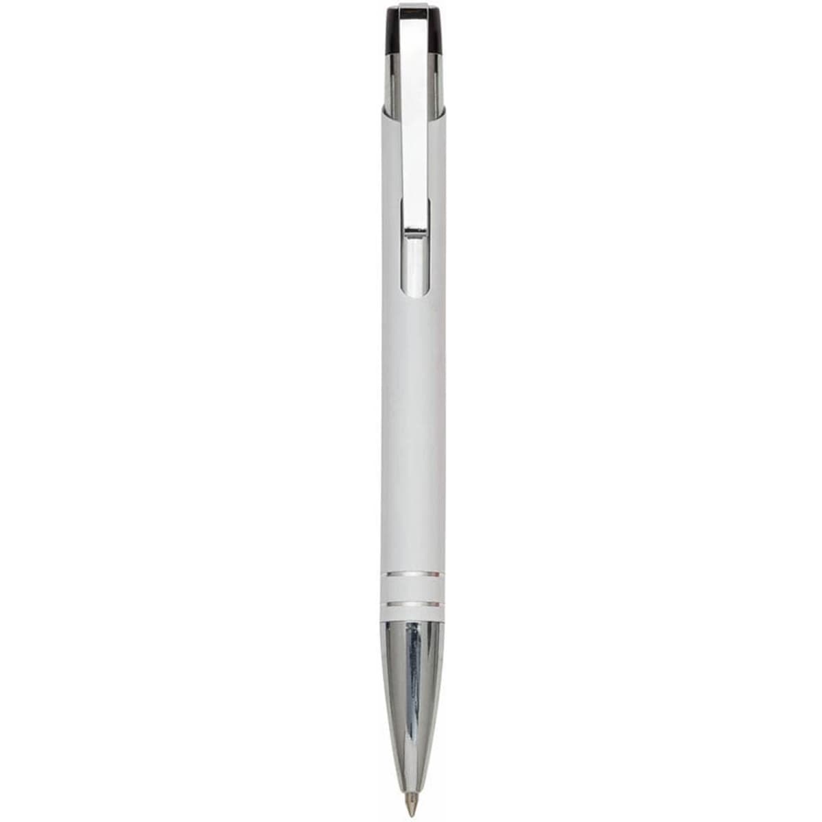A metal pen in white with a shiny silver clip and tip, featuring a logo on the body.