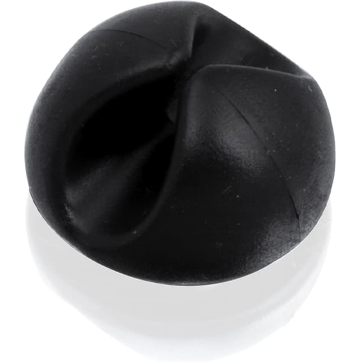 A black cable tidy shaped like a folded sphere, designed to organize and manage cables.