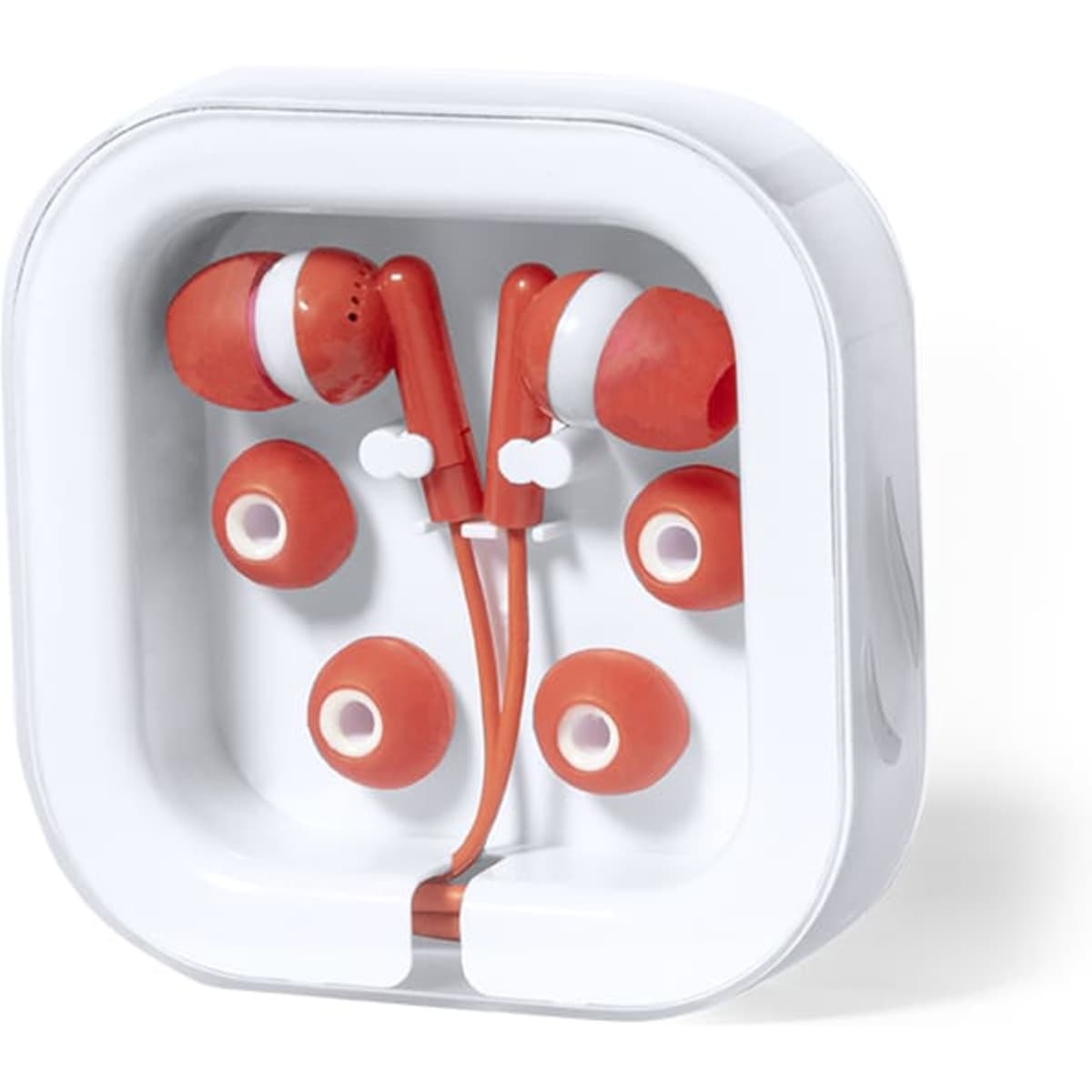 Cort Earphones in red and white, with additional ear tips, presented in a compact white case.