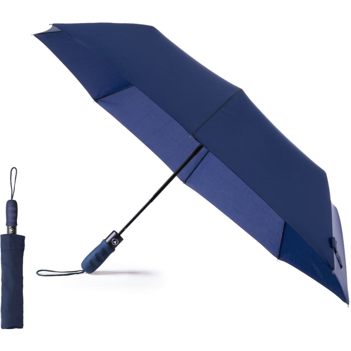 A navy blue umbrella and its matching compact case, featuring a logo on the handle.