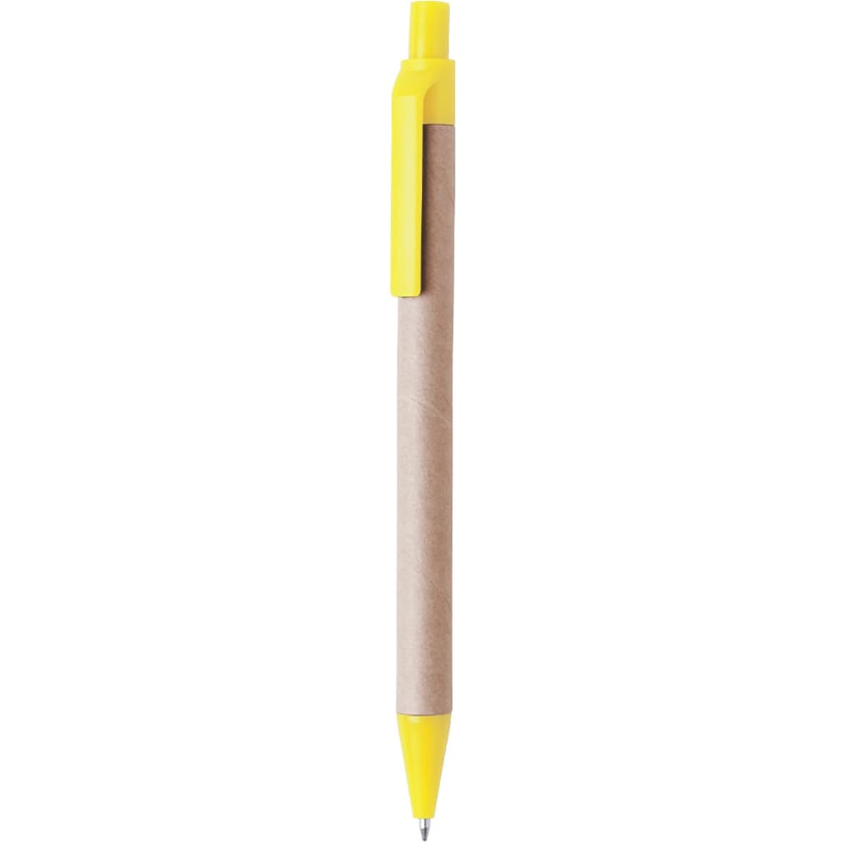 A yellow pen with a brown cardboard barrel and a clip, featuring a logo on the barrel.