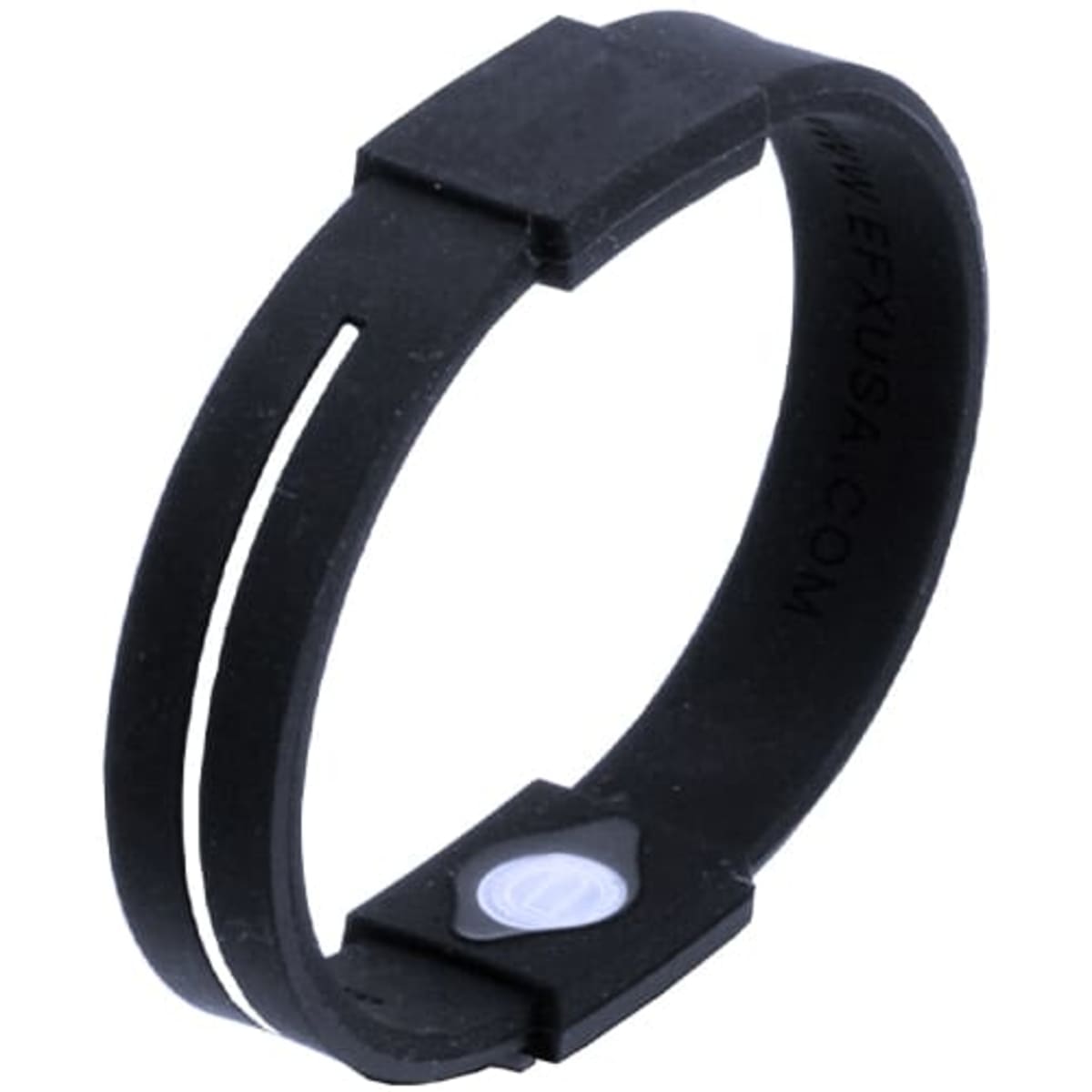 A black silicone wristband with a small white detail, featuring a logo on the interior.