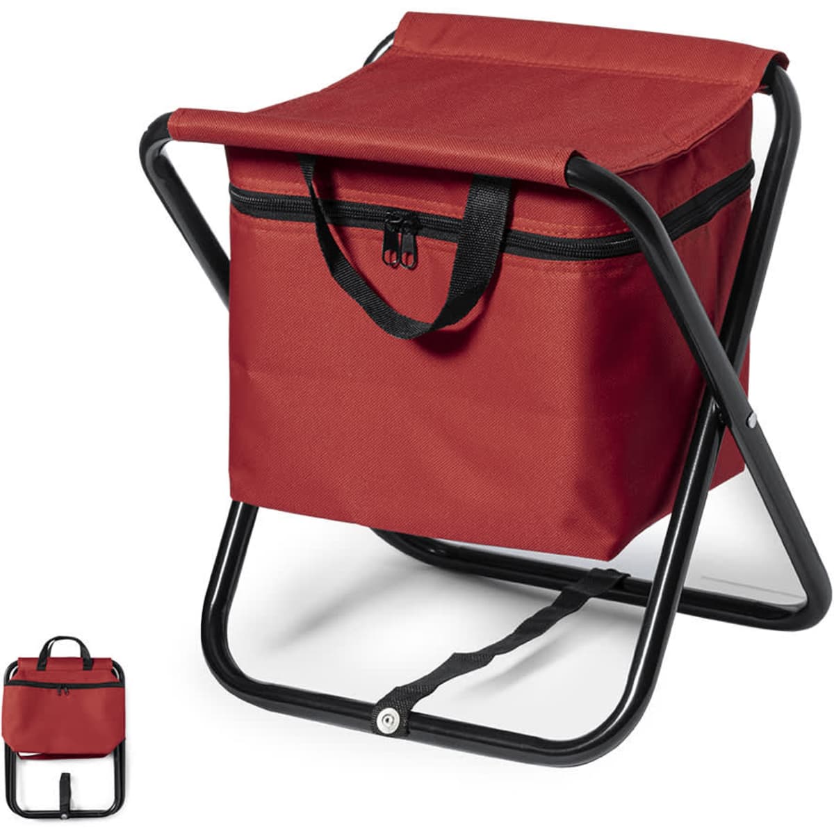 A red cooler bag with a zippered top and black handles, supported by a black foldable frame.