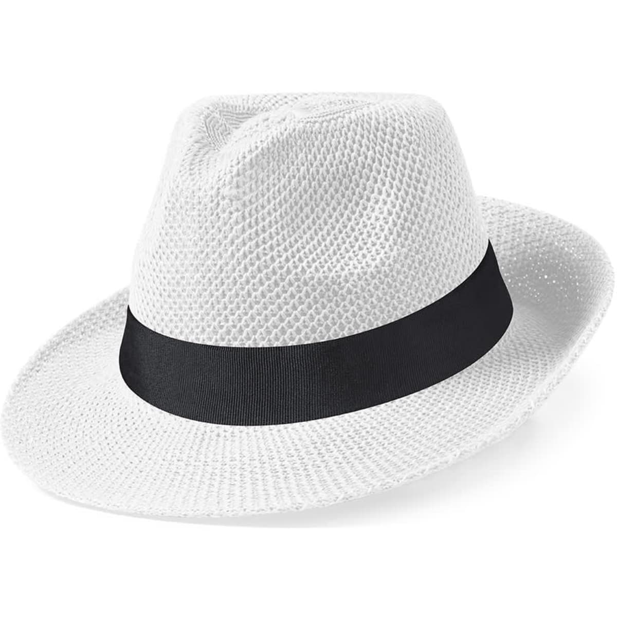 A white mesh hat with a black band. The hat features a classic fedora style and has a lightweight design.