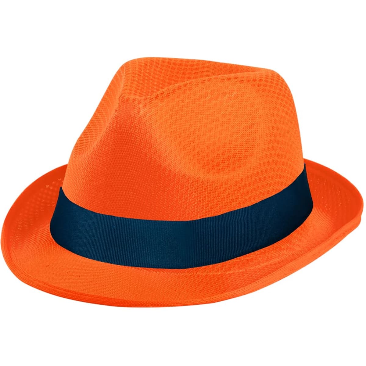 An orange hat with a navy blue band, featuring a structured brim and a stylish, casual design.