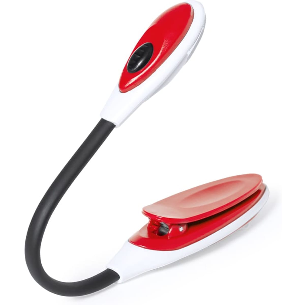 A red and white flexible reading light with a curved neck and a clip base. It includes a button for functionality.