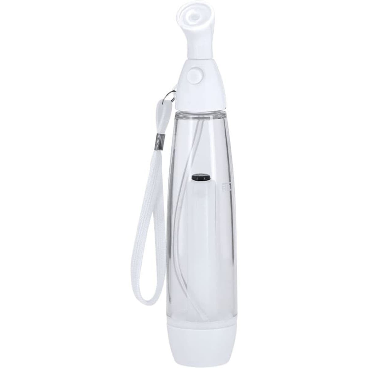 A drink bottle in clear and white, featuring a hand strap and a built-in sprayer at the top.