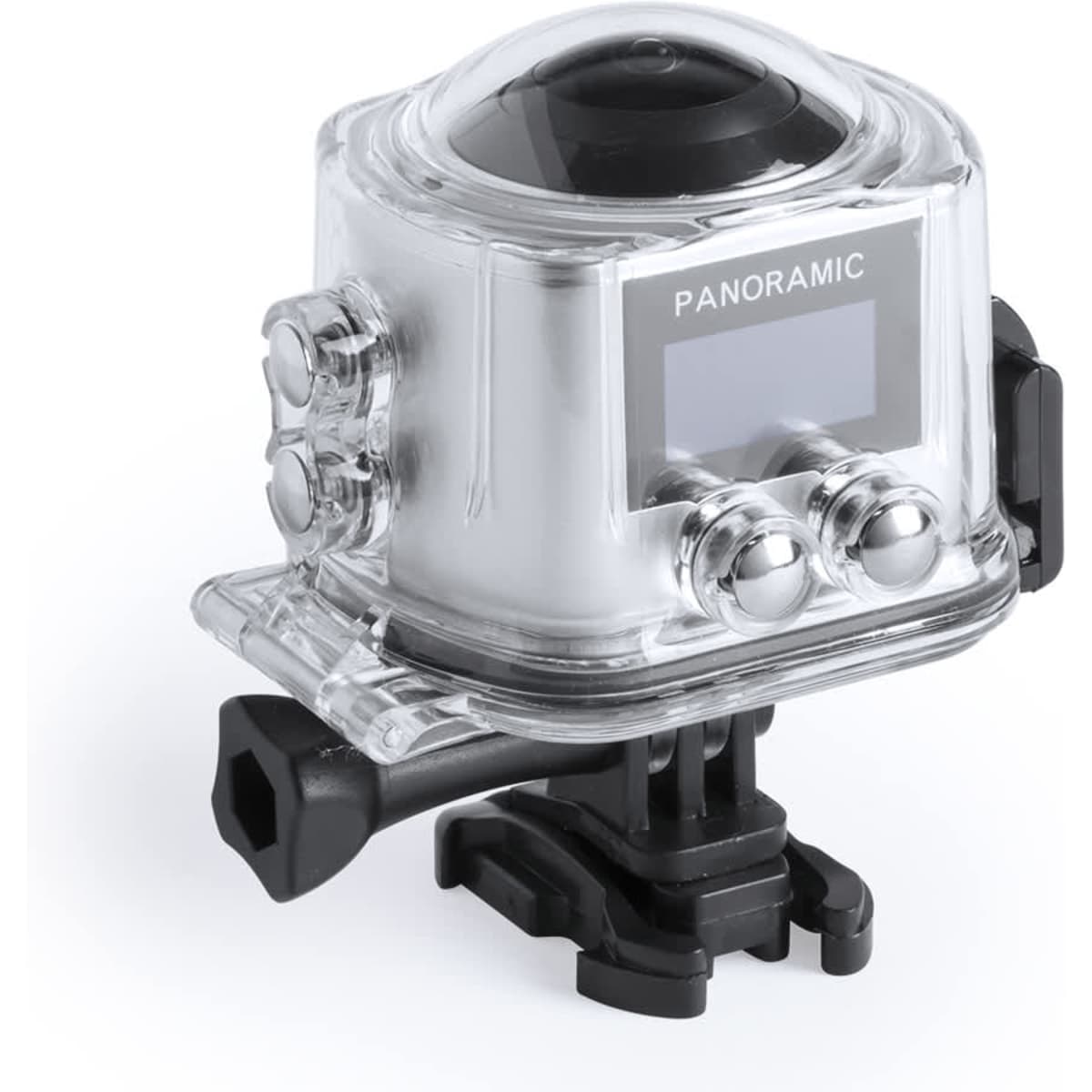 A compact, transparent action camera with a panoramic lens and mounting bracket. Features buttons and a small display.