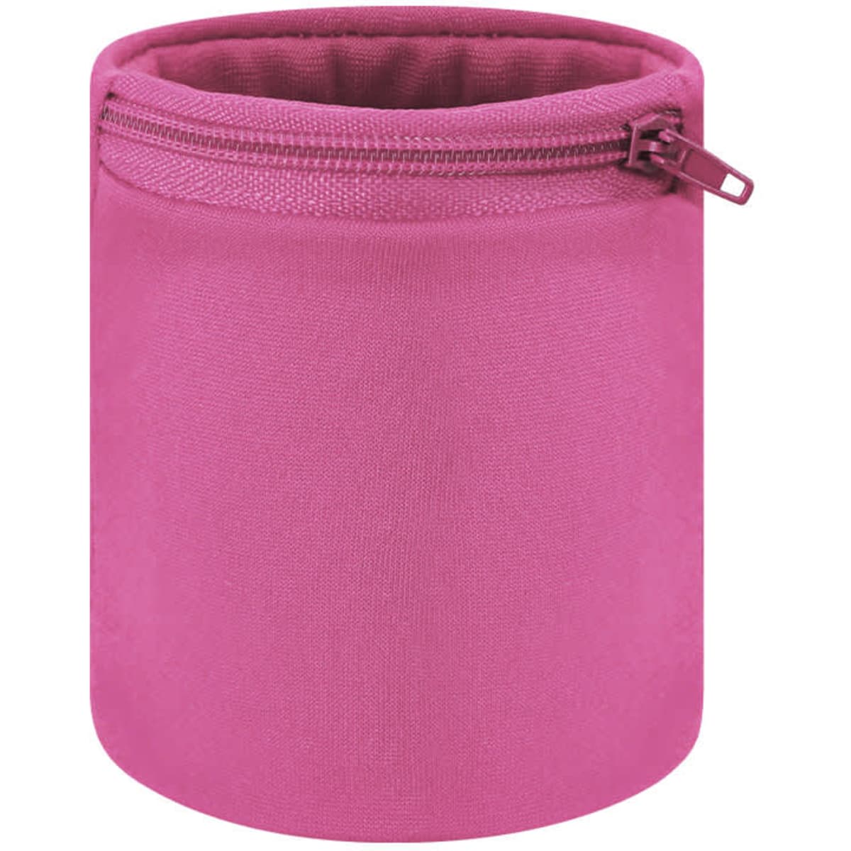 A pink cylindrical container with a zip closure, made of soft fabric. It has a simple design and sturdy structure.