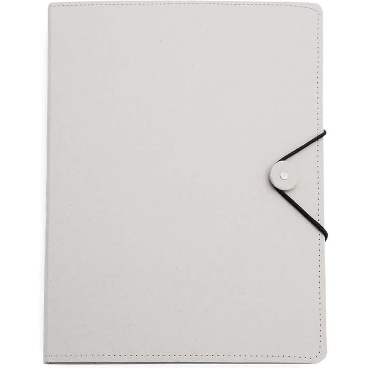 A grey Vimaz Folder with a button closure and black elastic band. Features a sleek, minimalist design.