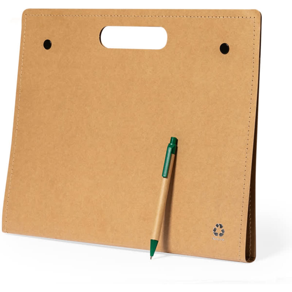 A tan Kelem Folder with a handle, featuring a pen and a subtle logo. Suitable for office and business use.