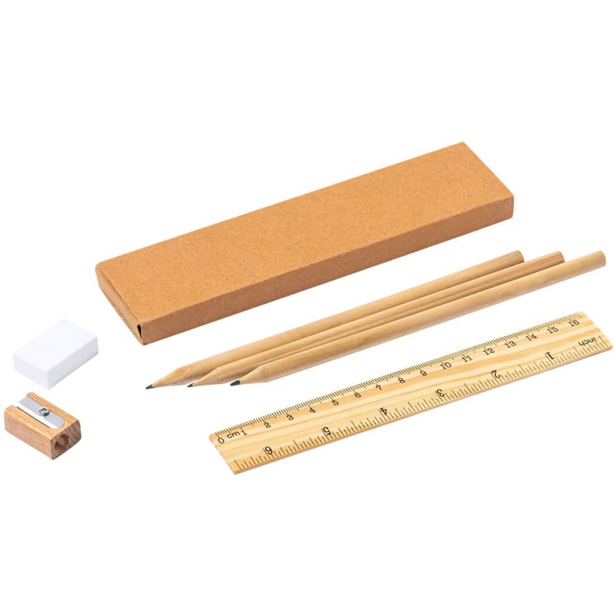 A wooden ruler, two pencils, a sharpener, and an eraser, all neatly packaged in a cardboard box.