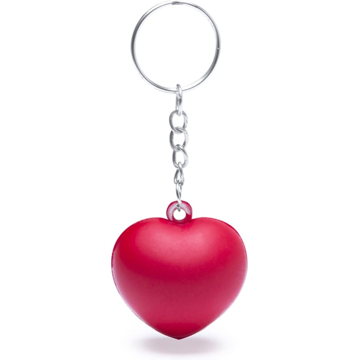 A red heart-shaped keyring attached to a silver chain, featuring a metal keyring.