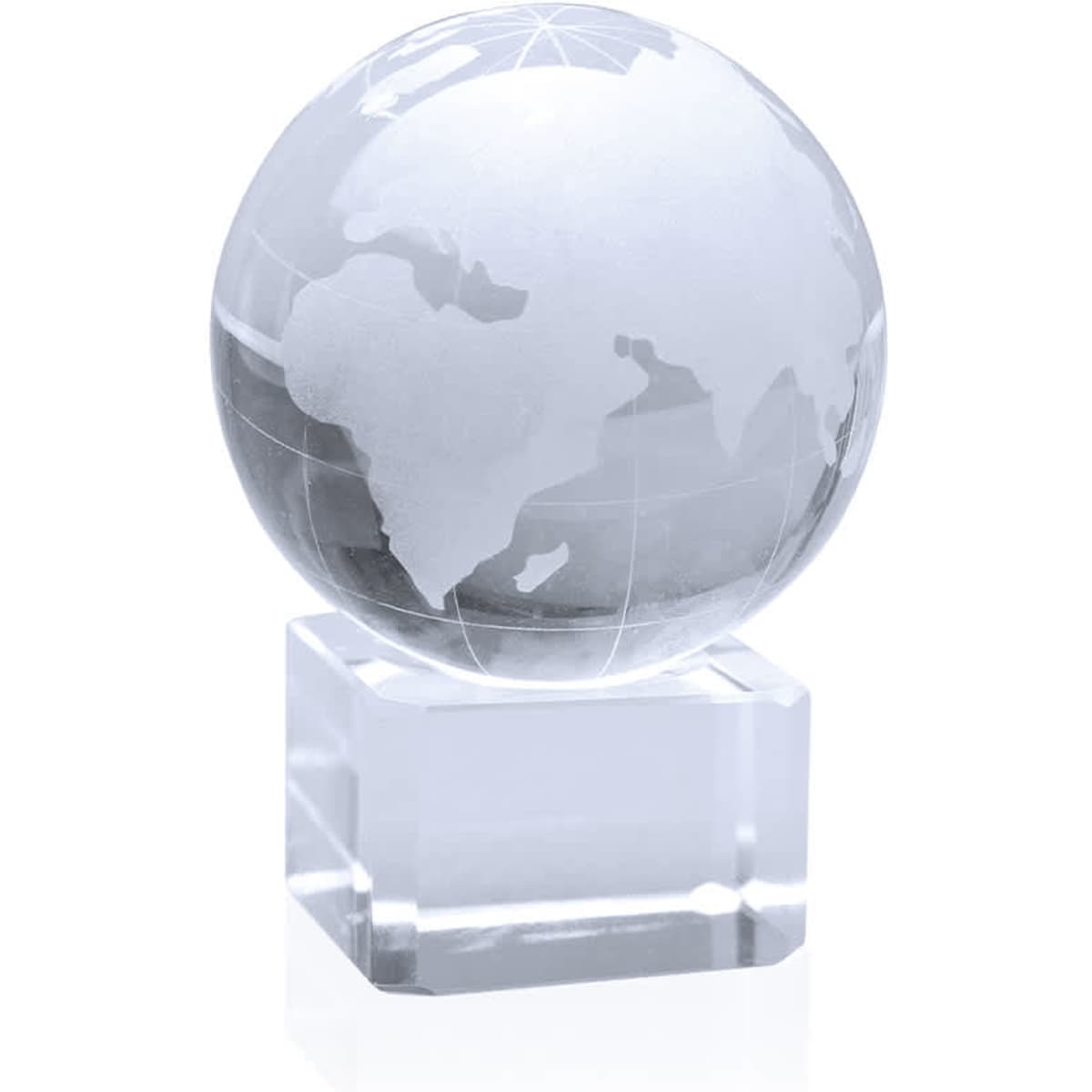 A clear crystal globe displayed on a transparent base, featuring outlines of continents.