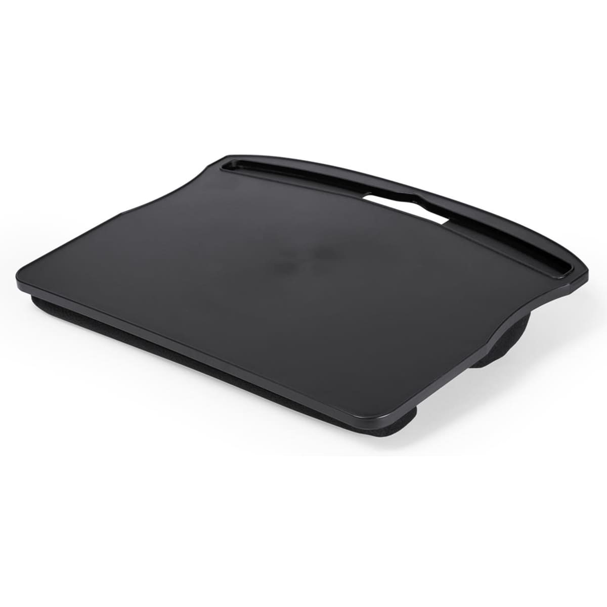 A black phone and technology accessory with a flat surface and a handle for easy carrying.