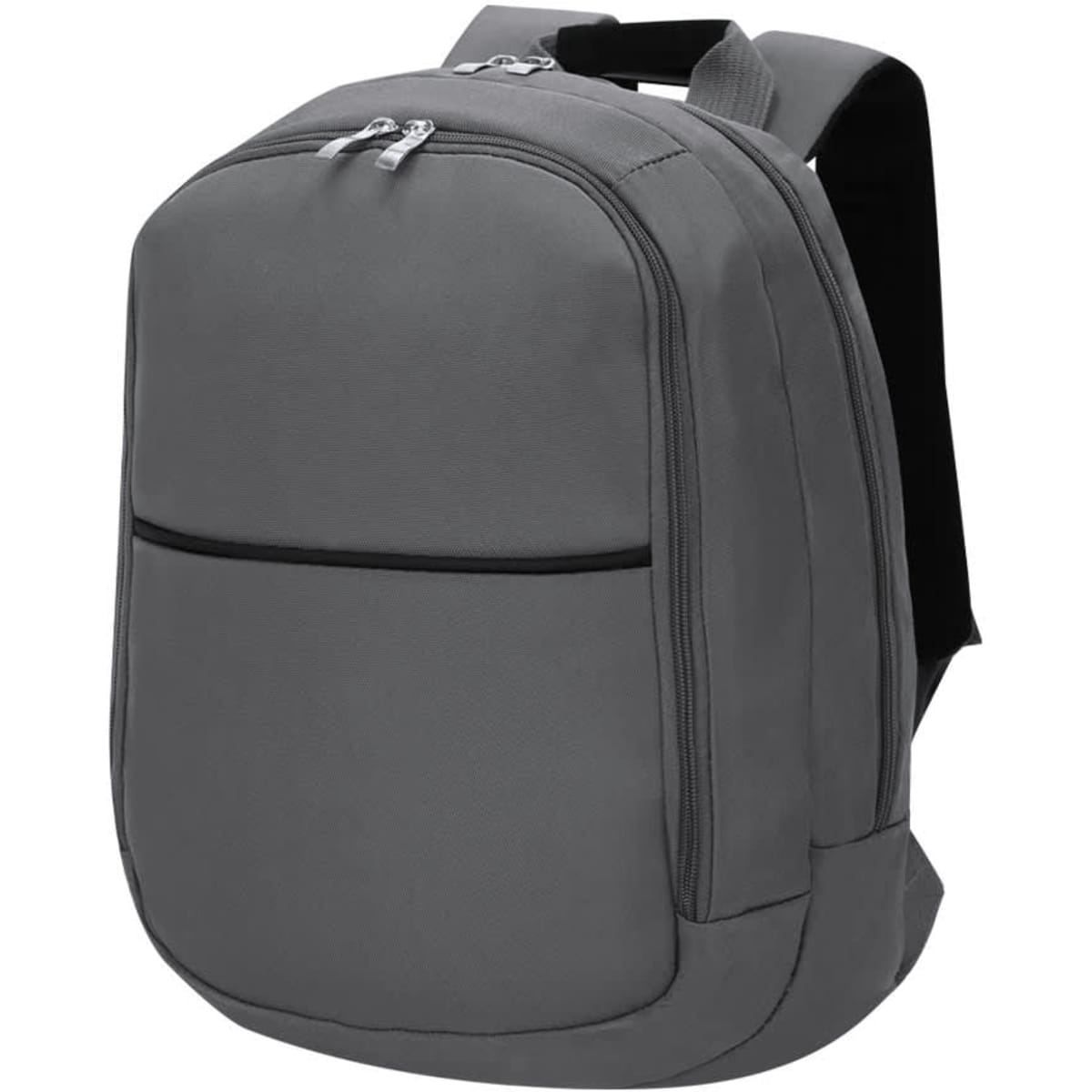 A grey backpack with a sleek design featuring a front pocket and padded shoulder straps. It has a logo on it.