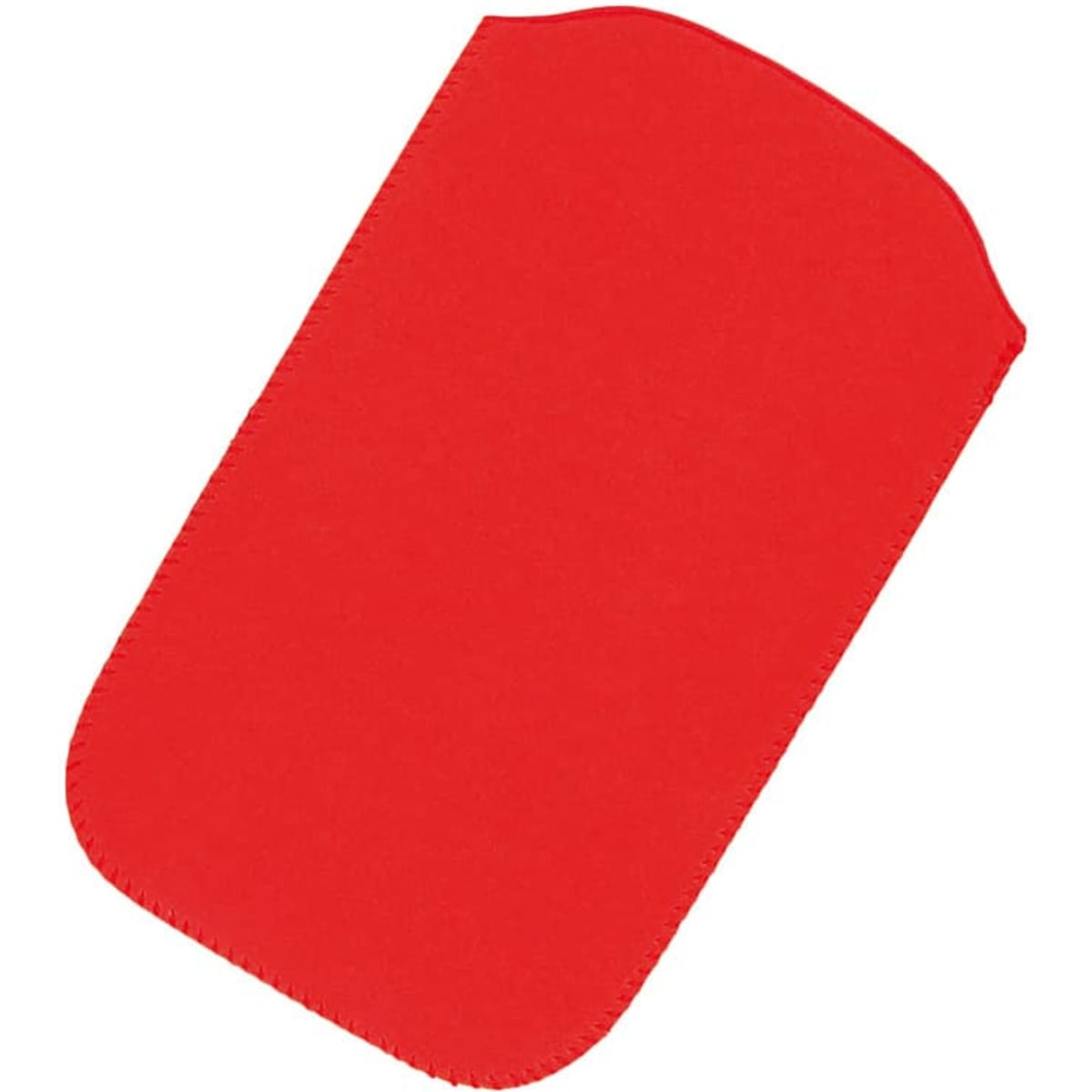 A red phone pouch with a smooth finish and rounded edges. It features a logo on one side.