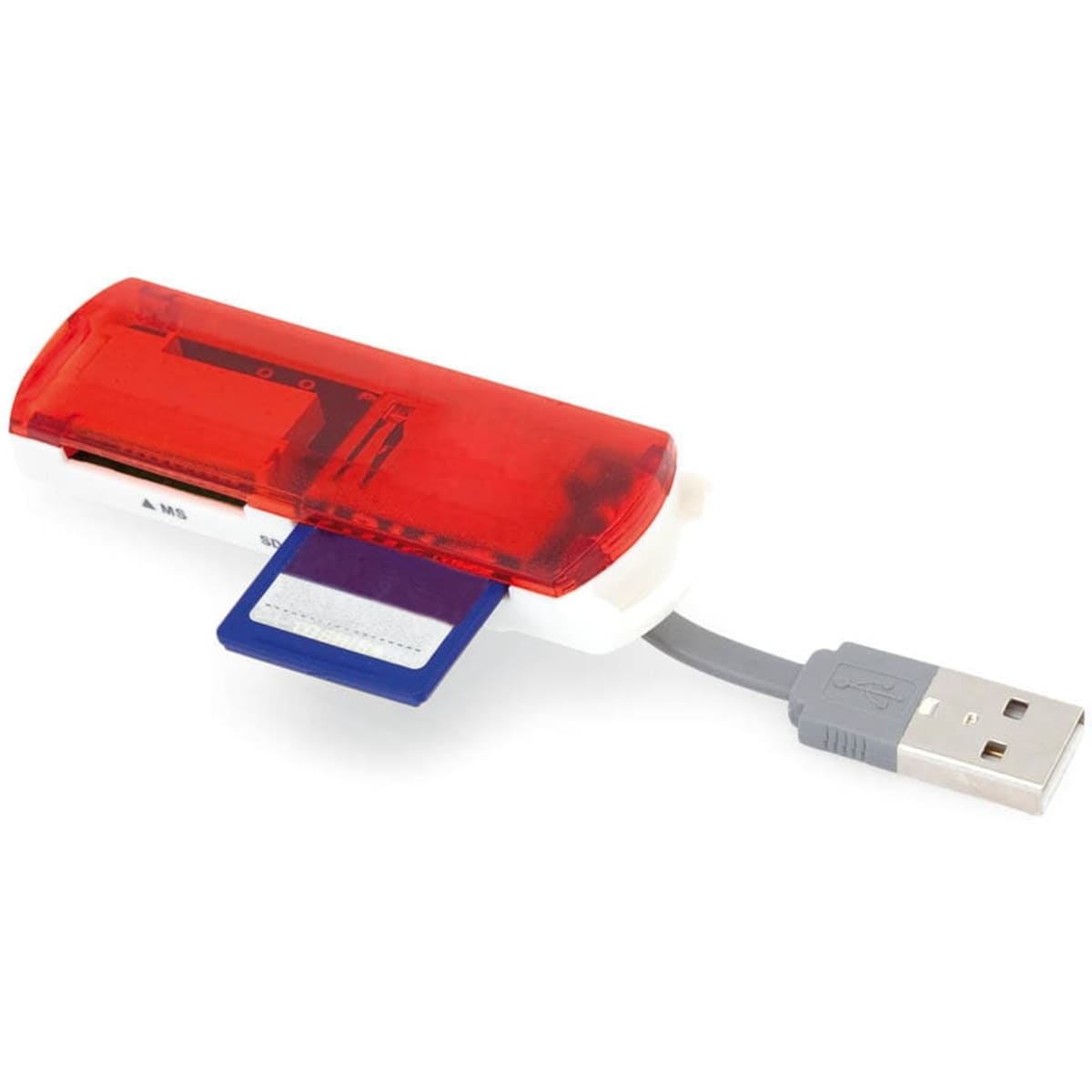 A red card reader with a blue memory card inserted and a grey USB cable. It features a logo.