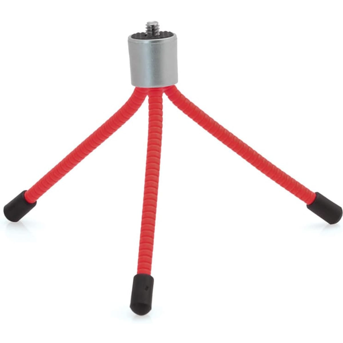 A red tripod with flexible legs and a silver mount at the top, featuring black rubber feet.