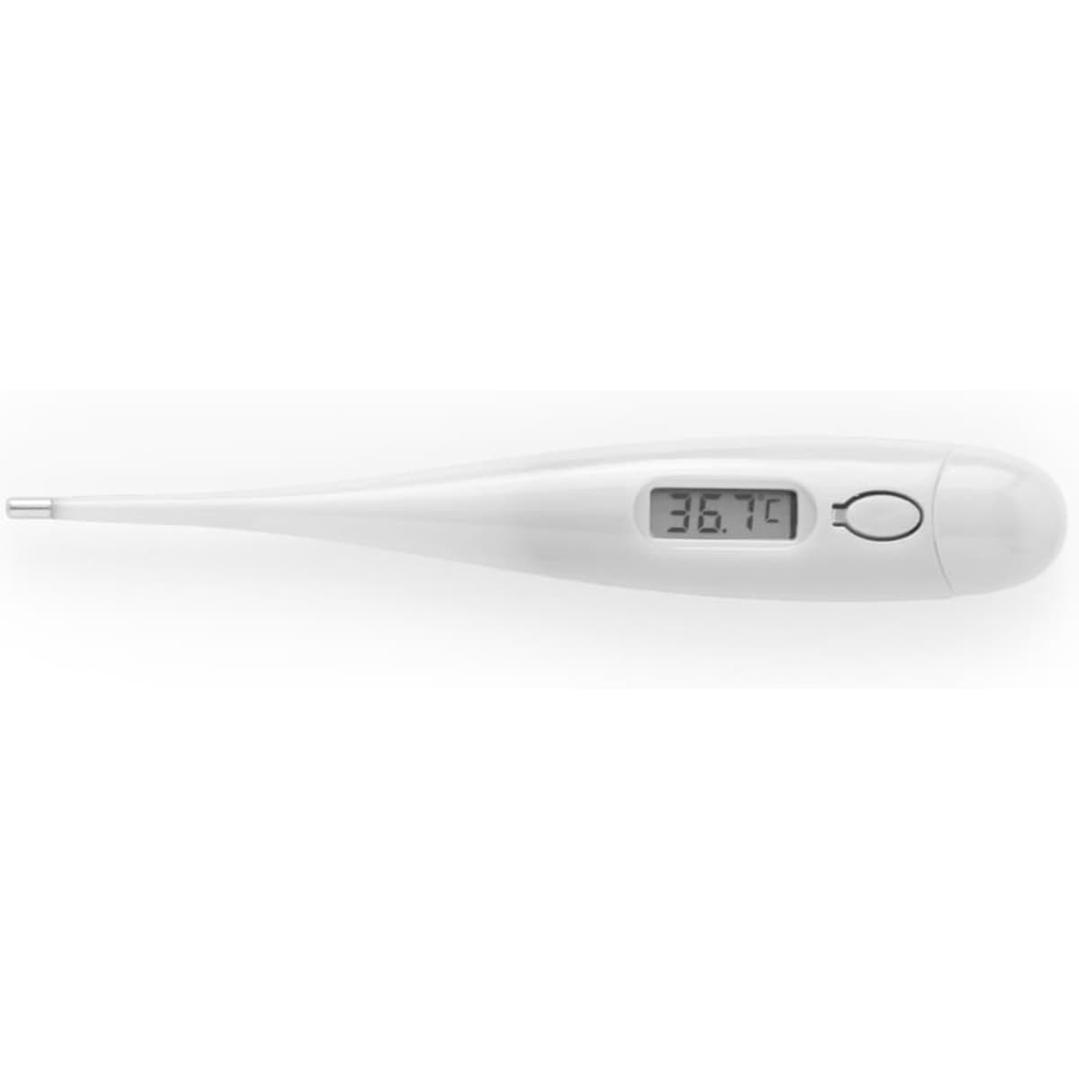 A digital thermometer in white with a large display showing a temperature reading.
