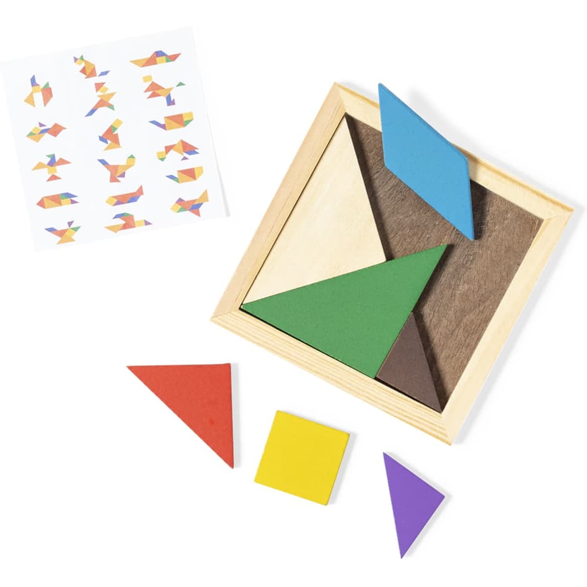 A wooden tangram puzzle set featuring various coloured geometric pieces and an illustration sheet.