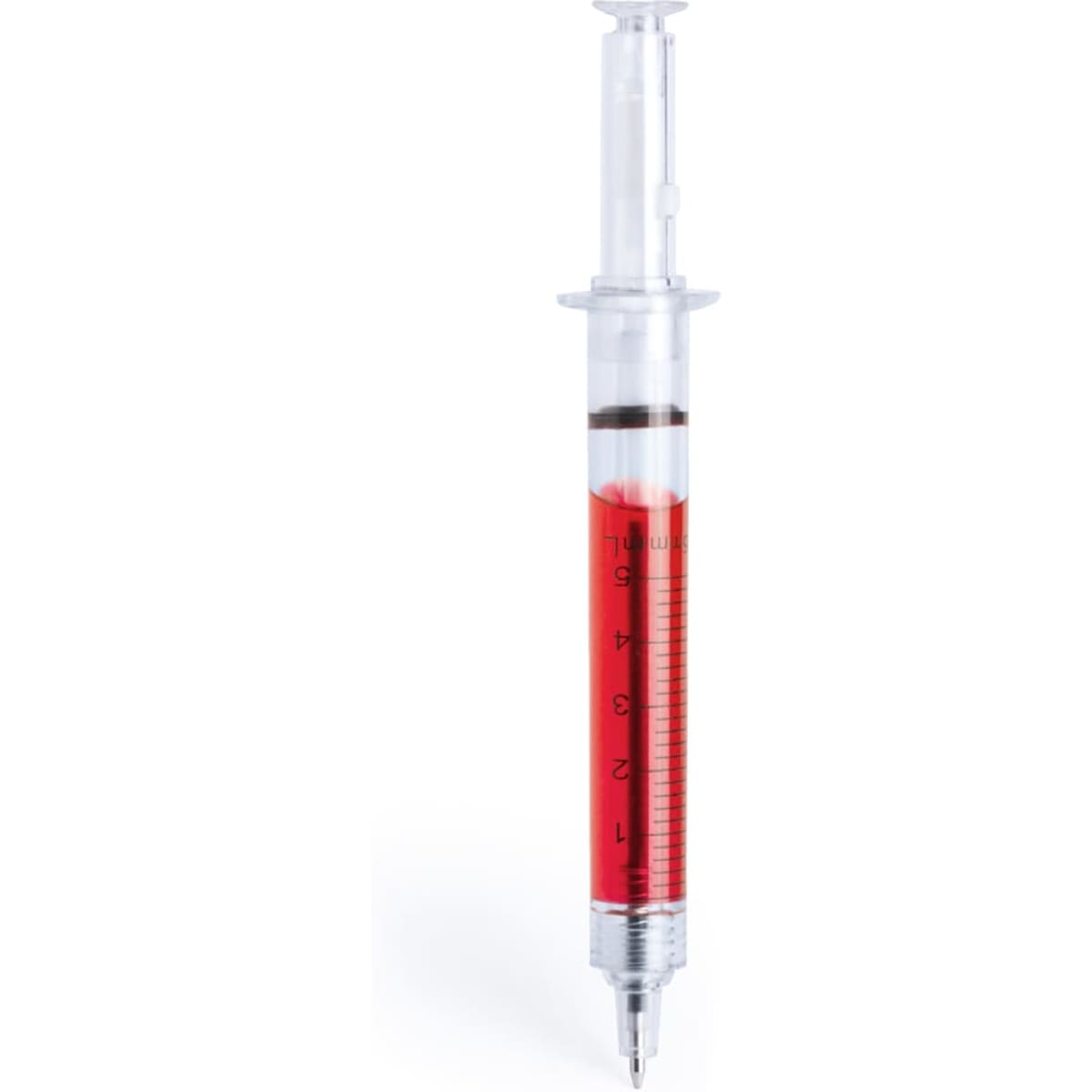 A red and clear pen designed like a syringe, featuring measurement markings and a branding logo.